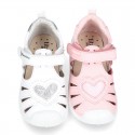 Washable leather little Mary Jane shoes sandal style with HEART, hook and loop strap design and reinforced toe cap and counter.