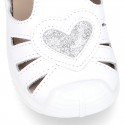 Washable leather little Mary Jane shoes sandal style with HEART, hook and loop strap design and reinforced toe cap and counter.