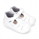 Washable leather little T-Strap shoes sandal style with hook and loop strap reinforced toe cap and counter for first steps.