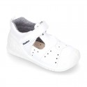 Washable leather little T-Strap shoes sandal style with hook and loop strap reinforced toe cap and counter for first steps.