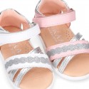 Little Washable leather Sandal shoes with crossed straps and hook and loop closure.