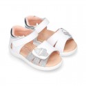 White little Washable leather Sandal shoes with double hook and loop closure.