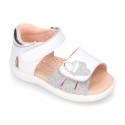 White little Washable leather Sandal shoes with double hook and loop closure.