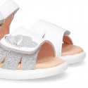 White little Washable leather Sandal shoes with double hook and loop closure.