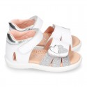 White little Washable leather Sandal shoes with double hook and loop closure.