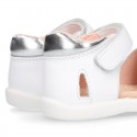 White little Washable leather Sandal shoes with double hook and loop closure.