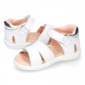 White little Washable leather Sandal shoes with double hook and loop closure.