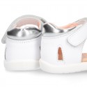 White little Washable leather Sandal shoes with double hook and loop closure.