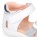 White little Washable leather Sandal shoes with double hook and loop closure.