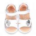 White little Washable leather Sandal shoes with double hook and loop closure.