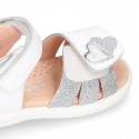 White little Washable leather Sandal shoes with double hook and loop closure.