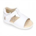 T-Strap Washable leather Sandal shoes with hook and loop closure.