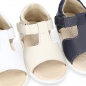 T-Strap Washable leather Sandal shoes with hook and loop closure.