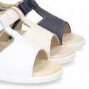 T-Strap Washable leather Sandal shoes with hook and loop closure.