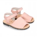 SOFT NOBUCK leather Menorquina sandals with hook and look strap.