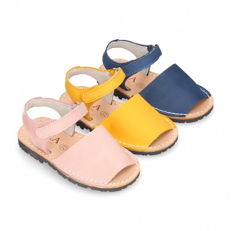SOFT NOBUCK leather Menorquina sandals with hook and look strap.