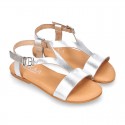 METAL Nappa Leather T-Strap girl sandal shoes with buckle fastening.