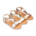 METAL Nappa Leather T-Strap girl sandal shoes with buckle fastening.