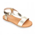 METAL Nappa Leather T-Strap girl sandal shoes with buckle fastening.