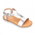 METAL Nappa Leather T-Strap girl sandal shoes with buckle fastening.