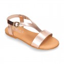 METAL Nappa Leather T-Strap girl sandal shoes with buckle fastening.