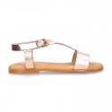 METAL Nappa Leather T-Strap girl sandal shoes with buckle fastening.