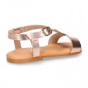 METAL Nappa Leather T-Strap girl sandal shoes with buckle fastening.