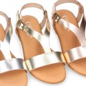 METAL Nappa Leather T-Strap girl sandal shoes with buckle fastening.