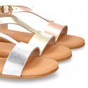 METAL Nappa Leather T-Strap girl sandal shoes with buckle fastening.