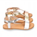 METAL Nappa Leather T-Strap girl sandal shoes with buckle fastening.