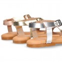 METAL Nappa Leather T-Strap girl sandal shoes with buckle fastening.