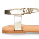 METAL Nappa Leather T-Strap girl sandal shoes with buckle fastening.