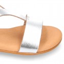 METAL Nappa Leather T-Strap girl sandal shoes with buckle fastening.