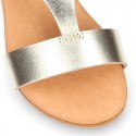 METAL Nappa Leather T-Strap girl sandal shoes with buckle fastening.