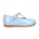 Suede leather T-Strap Little Mary Jane shoes with patent leather.