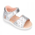 Little metal leather Sandal shoes with HEARTS design and hook and loop closure.