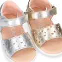 Little metal leather Sandal shoes with HEARTS design and hook and loop closure.