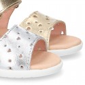 Little metal leather Sandal shoes with HEARTS design and hook and loop closure.