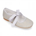 Little Angel style ballet flat shoes in LINEN with ties closure.