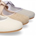 Little Angel style ballet flat shoes in LINEN with ties closure.