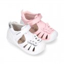 Washable leather little Mary Jane shoes sandal style with BUTTERFLY, hook and loop strap and reinforced toe cap and counter.