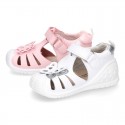 Washable leather little Mary Jane shoes sandal style with BUTTERFLY, hook and loop strap and reinforced toe cap and counter.