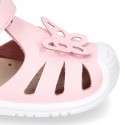 Washable leather little Mary Jane shoes sandal style with BUTTERFLY, hook and loop strap and reinforced toe cap and counter.