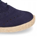 SUEDE LEATHER Laces up shoes espadrille style in navy blue color.