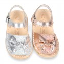 Metal Nappa leather girl Menorquina sandals with BOW design.