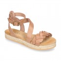 Cowhide leather sandal shoes espadrille style with braided design and buckle closure to the ankle.