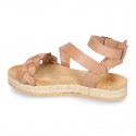 Cowhide leather sandal shoes espadrille style with braided design and buckle closure to the ankle.