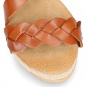 Cowhide leather sandal shoes espadrille style with braided design and buckle closure to the ankle.