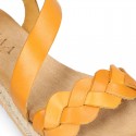 Cowhide leather sandal shoes espadrille style with braided design and buckle closure to the ankle.