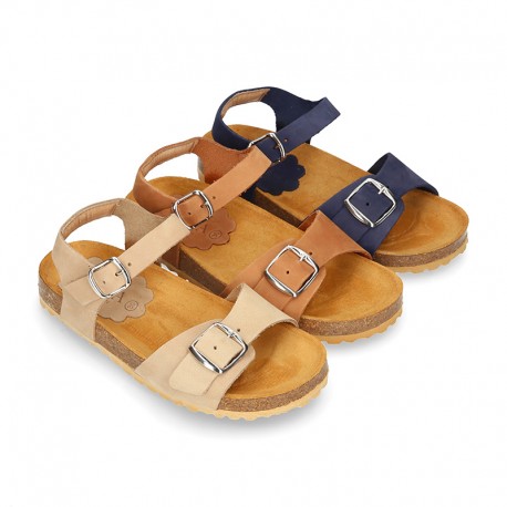 Nobuck leather sandal shoes BIO style to dress with buckles design.